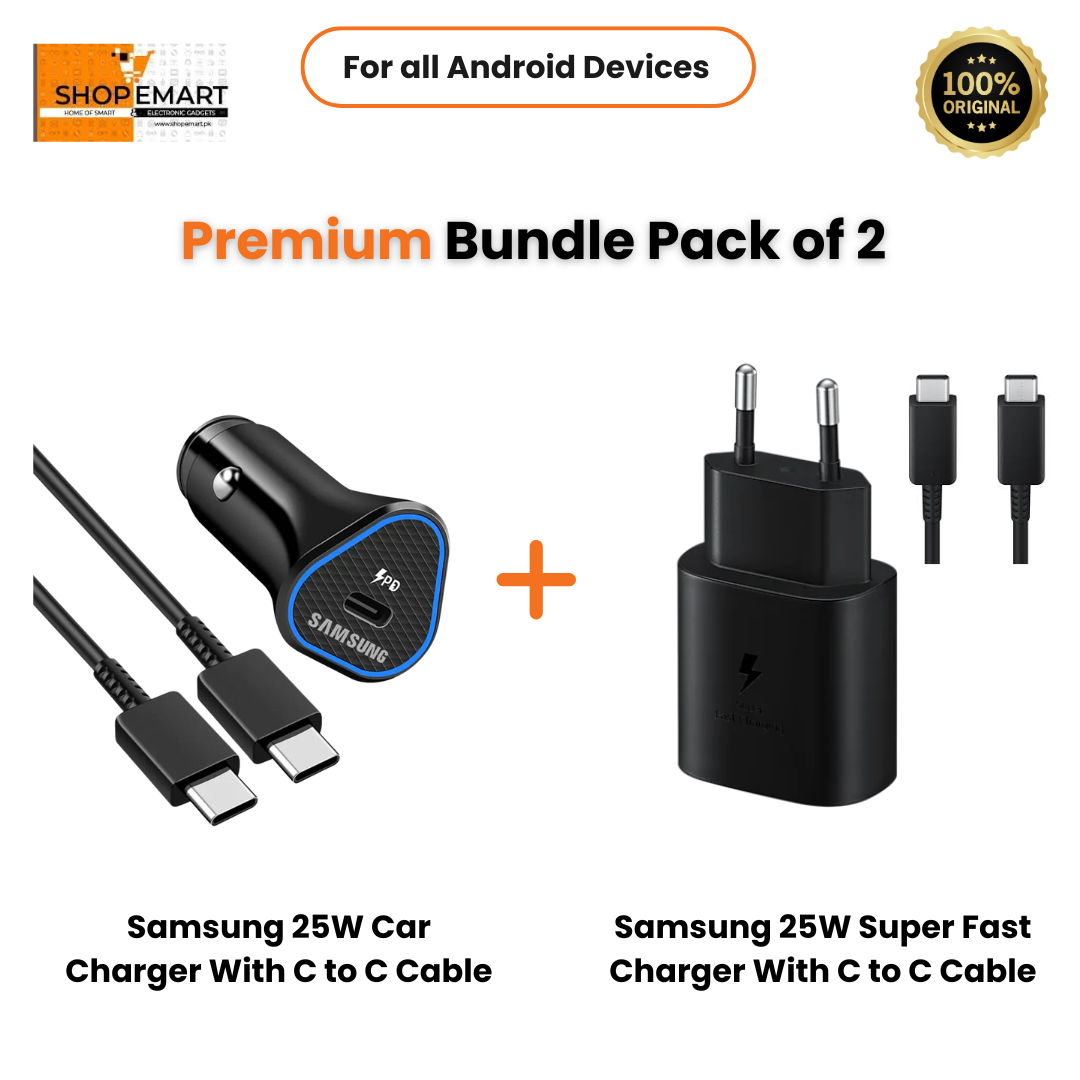 Samsung Premium Bundle of 2 (25W Adapter With 25W Car Charger with Free Cable)