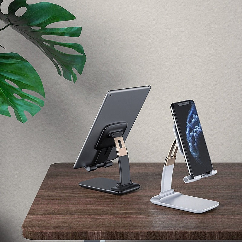 Mobile Desktop Stand Cell Phone Stand, Fully Foldable Compact iPad Stand Adjustable Cell Phone Stand for Desk Metal Rod Desktop Phone Holder
